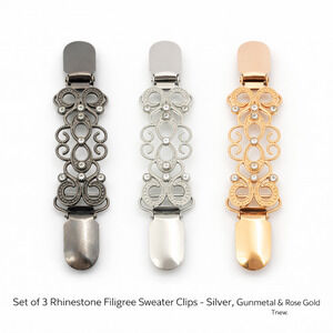 Set of 3 Rhinestone Filigree Sweater Clips, Silver, Gunmetal & Rose Gold Tone